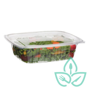 EWC Good Earth Packaging Compostable clear plastic tray with lid, salad inside