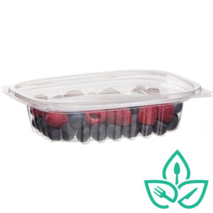 EWC Good Earth Packaging Compostable clear plastic tray with lid, berries inside